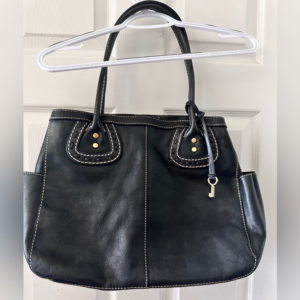 NWOT FOSSIL Montana Black Leather Satchel Shoulder Bag Handbag Tote Purse